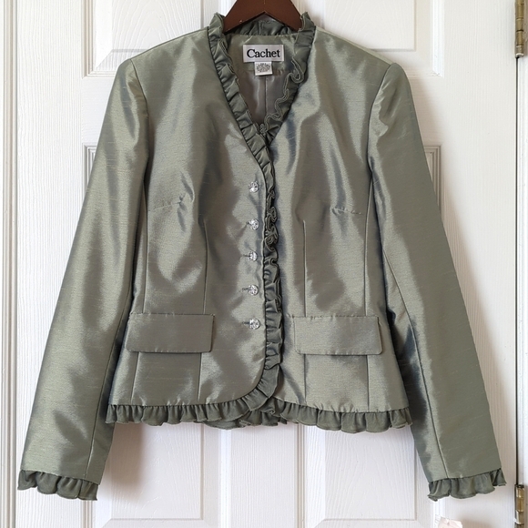 Cachet 90's Vintage Deadstock Two Piece Matching Jacket & Skirt Set Sage Green 8 - Picture 1 of 16